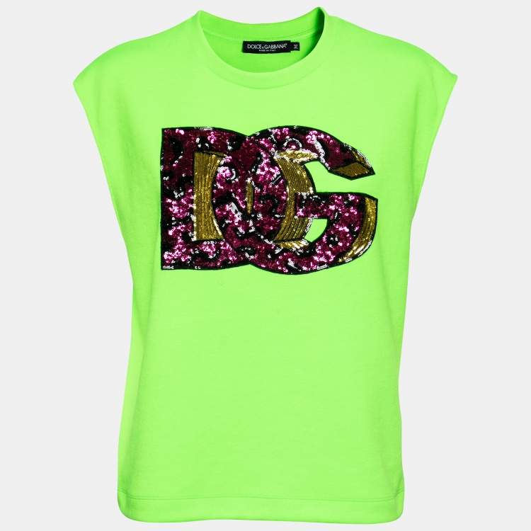 Pre Owned Dolce & Gabbana Green Knit DG Sequin Embellished Sleeveless Top M