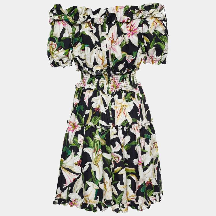 Pre Owned Dolce & Gabbana Black Lily Print Cotton Off-Shoulder Dress L
