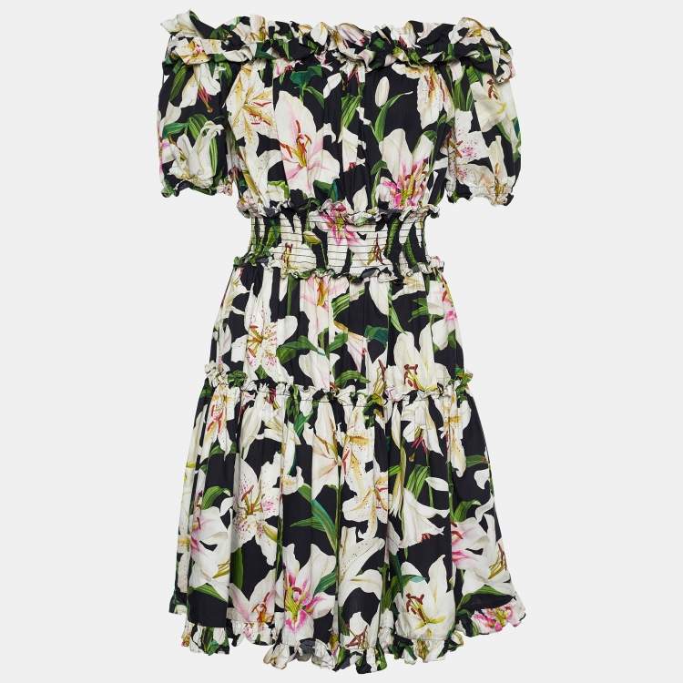 Pre Owned Dolce & Gabbana Black Lily Print Cotton Off-Shoulder Dress L