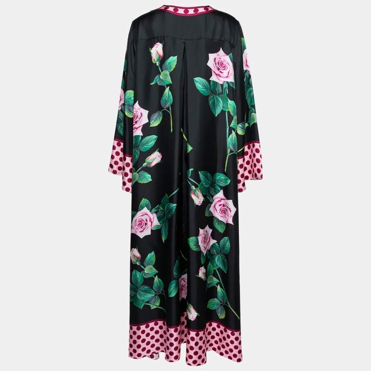 Pre Owned Dolce & Gabbana Black Rose Print Silk Kaftan Dress XL