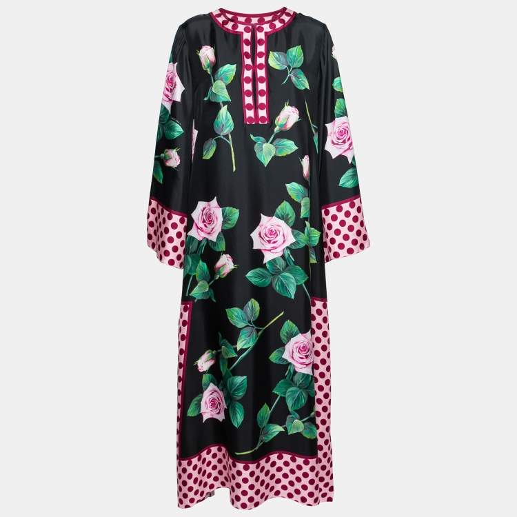 Pre Owned Dolce & Gabbana Black Rose Print Silk Kaftan Dress XL