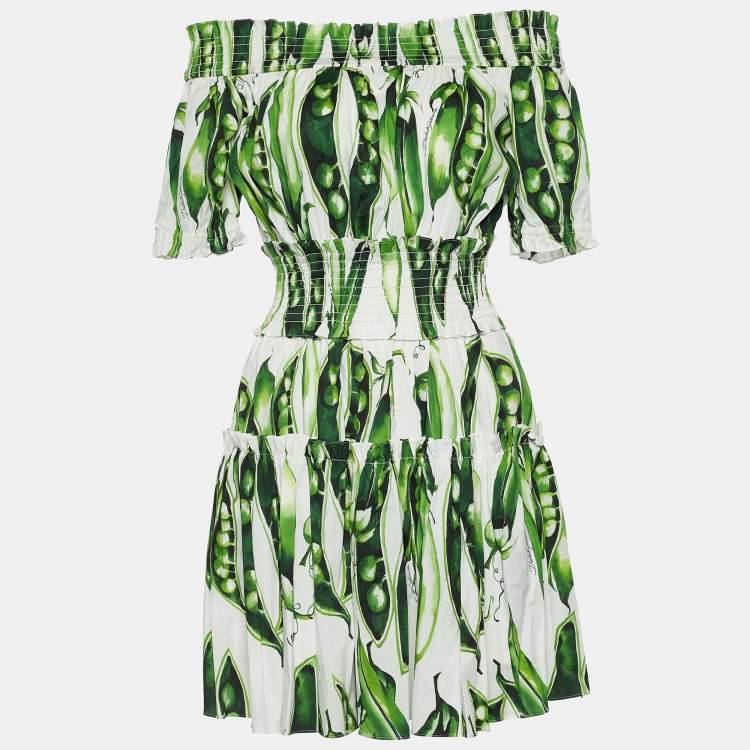 Pre Owned Dolce & Gabbana Green Pea Print Cotton Smocked Off-The-Shoulder Dress S