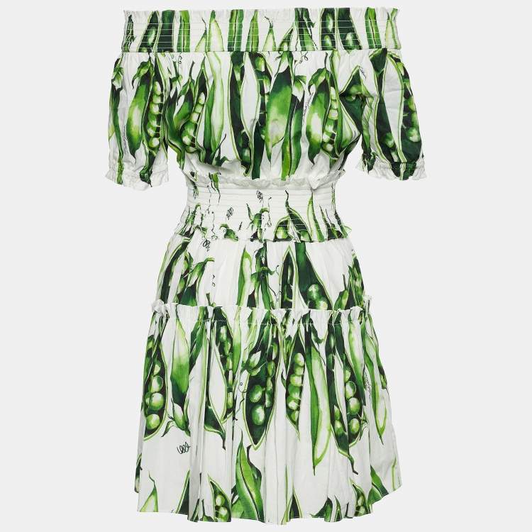 Pre Owned Dolce & Gabbana Green Pea Print Cotton Smocked Off-The-Shoulder Dress S