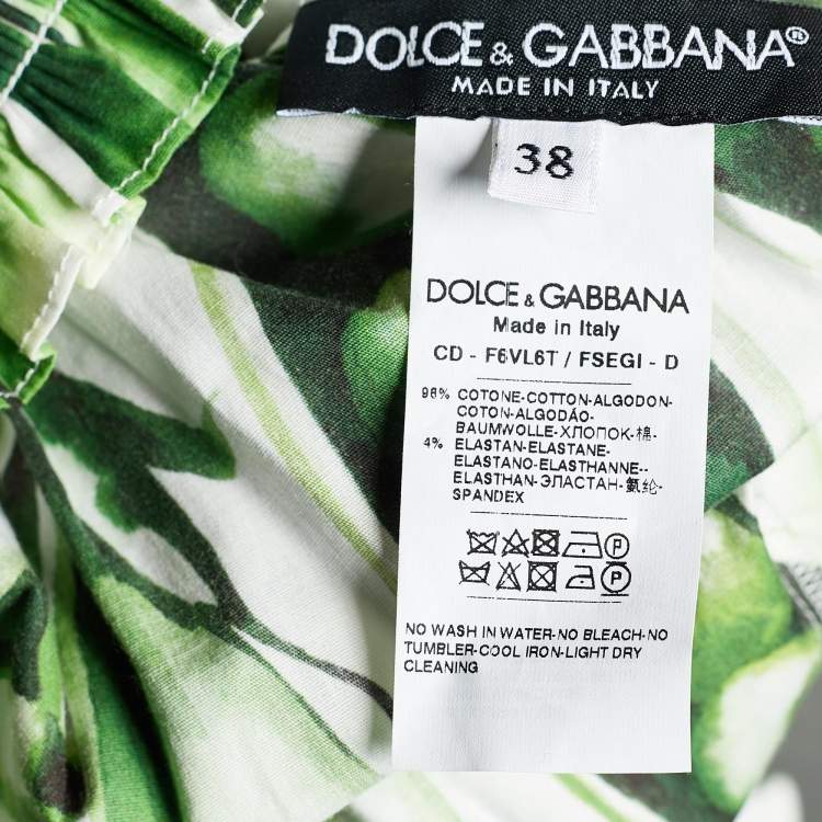 Pre Owned Dolce & Gabbana Green Pea Print Cotton Smocked Off-The-Shoulder Dress S