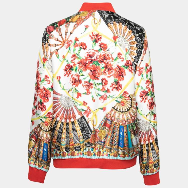Pre Owned Dolce & Gabbana Cream Printed Silk Zip Front Jacket M