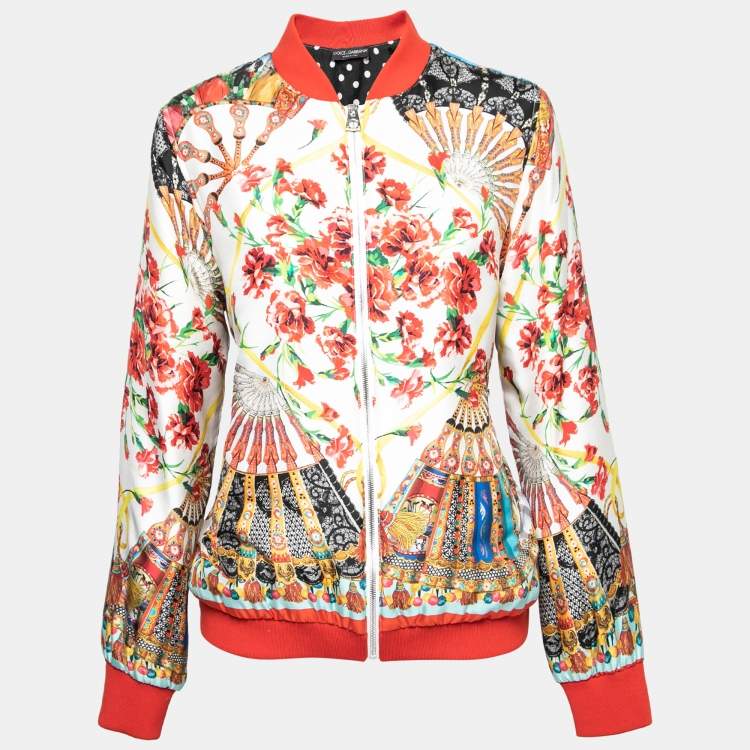 Pre Owned Dolce & Gabbana Cream Printed Silk Zip Front Jacket M