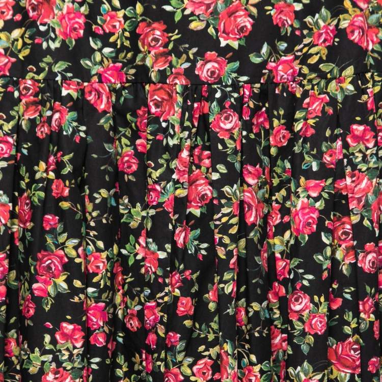 Pre Owned Dolce & Gabbana Black Rose Printed Cotton Ruffle Hem Maxi Skirt L