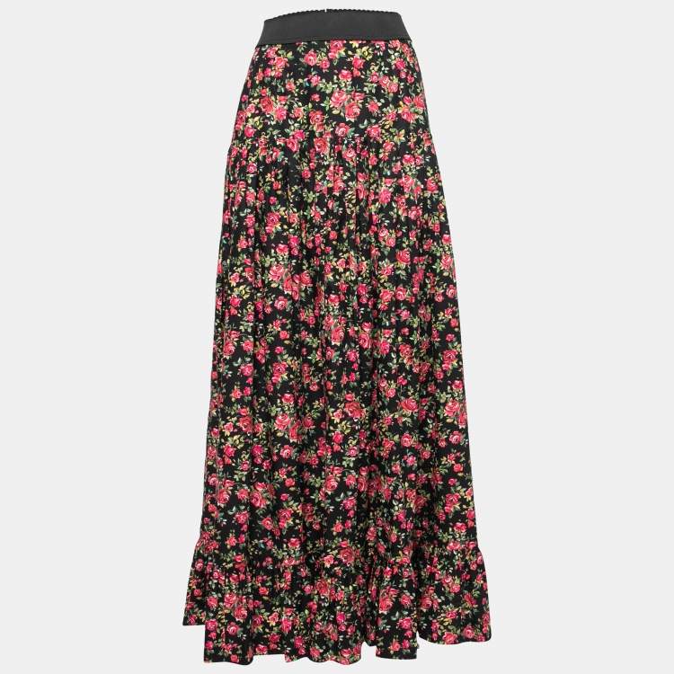 Pre Owned Dolce & Gabbana Black Rose Printed Cotton Ruffle Hem Maxi Skirt L