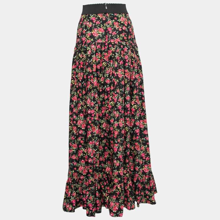 Pre Owned Dolce & Gabbana Black Rose Printed Cotton Ruffle Hem Maxi Skirt L