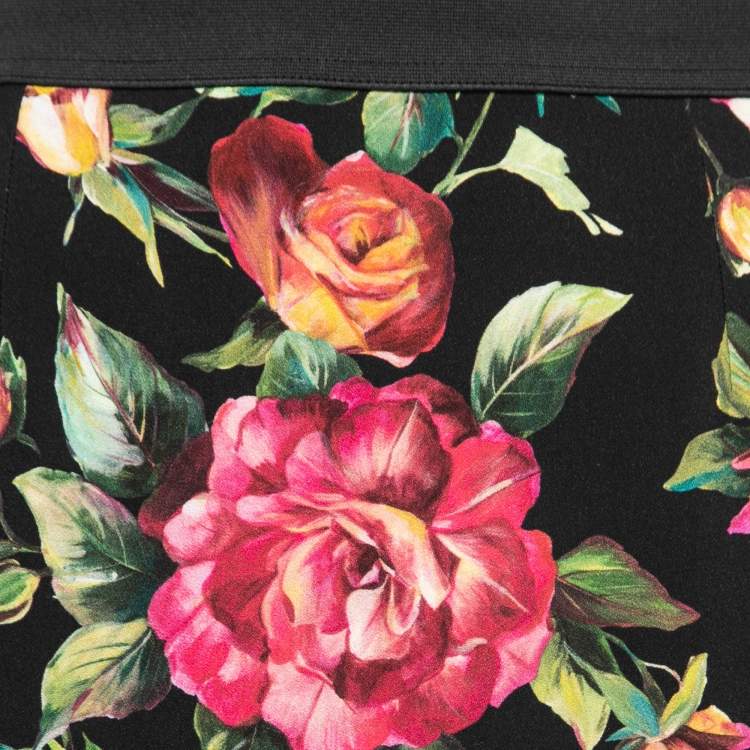 Pre Owned Dolce & Gabbana Black Rose Printed Crepe Midi Skirt L