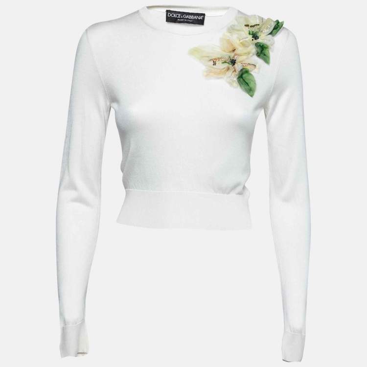 Pre Owned Dolce & Gabbana Cream Knit Floral Appliqué Long Sleeve Sweater S