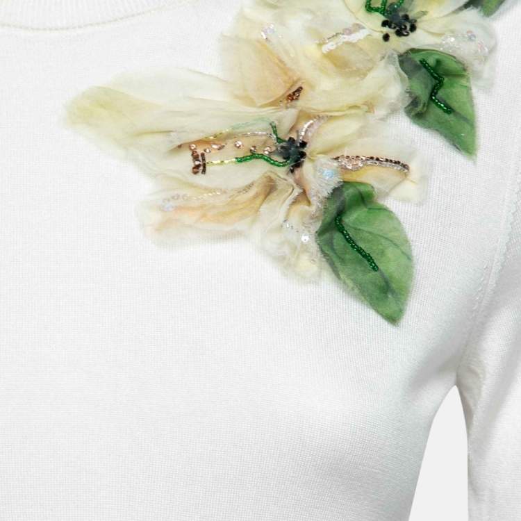 Pre Owned Dolce & Gabbana Cream Knit Floral Appliqué Long Sleeve Sweater S