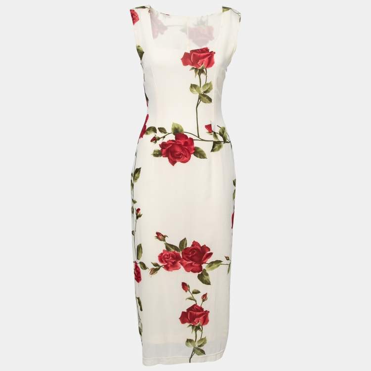 Pre Owned Dolce & Gabbana Beige Red Rose Printed Chiffon Sleeveless Midi Dress S