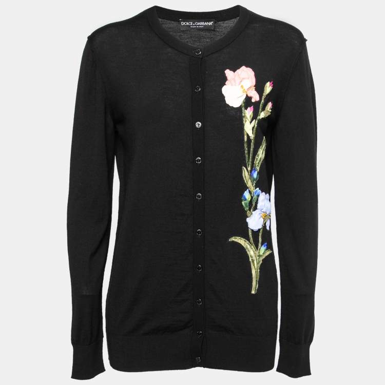 Pre Owned Dolce & Gabbana Black Wool Floral Embroidered and Embellished Button Front Cardigan M
