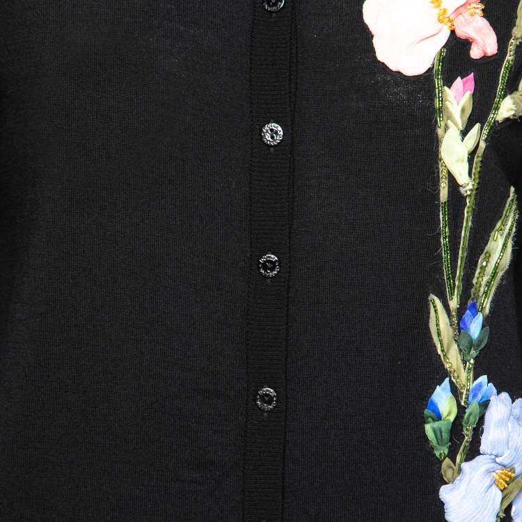 Pre Owned Dolce & Gabbana Black Wool Floral Embroidered and Embellished Button Front Cardigan M