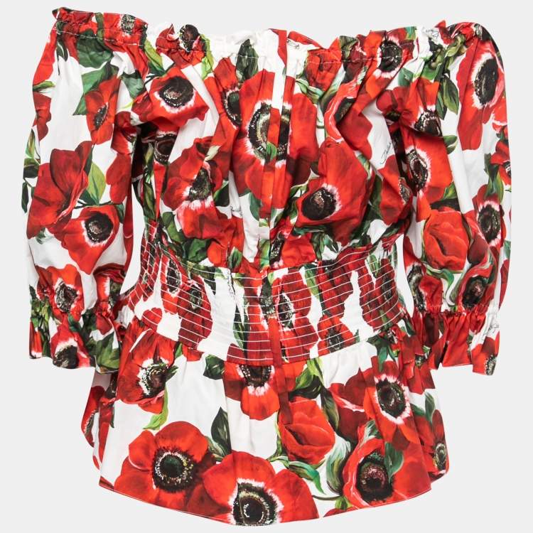 Pre Owned Dolce & Gabbana Red Anemone Print Poplin Off-Shoulder Blouse L
