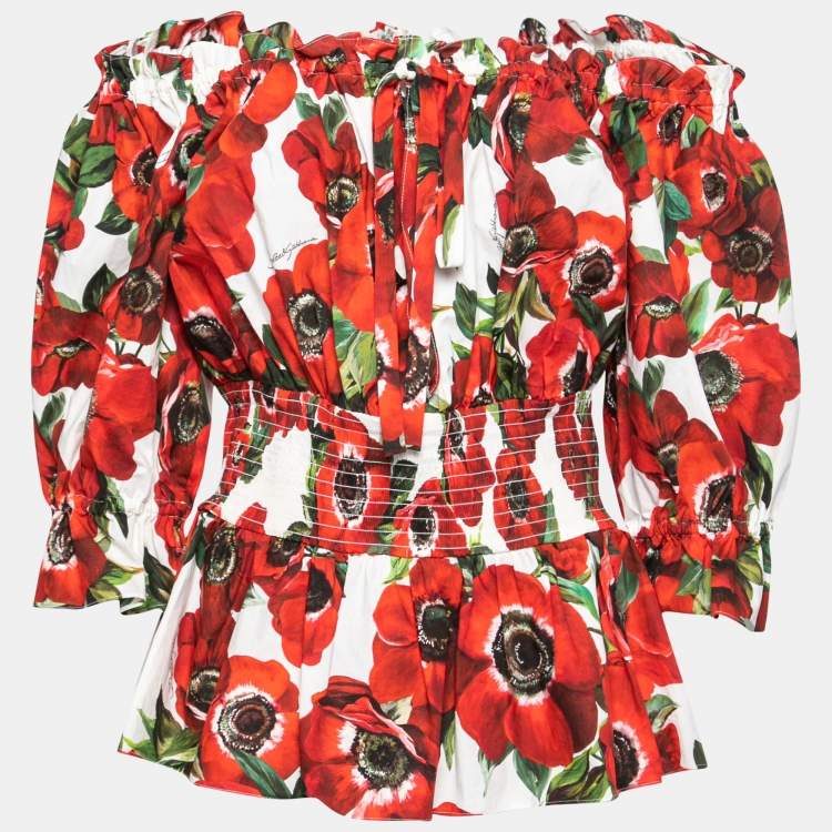 Pre Owned Dolce & Gabbana Red Anemone Print Poplin Off-Shoulder Blouse L