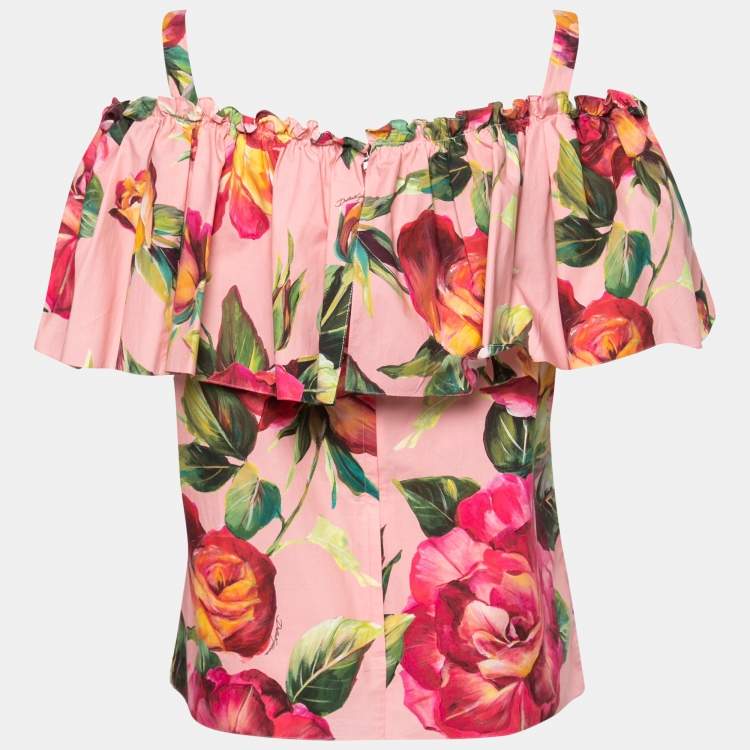 مملوكة مسبقًا Dolce & Gabbana Pink Floral Print Poplin Flounce Overlay Top L