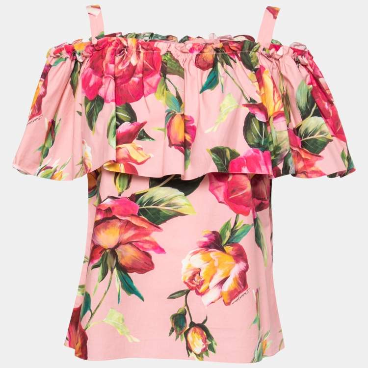 مملوكة مسبقًا Dolce & Gabbana Pink Floral Print Poplin Flounce Overlay Top L
