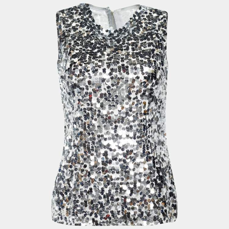 Pre Owned Dolce & Gabbana Silver Sequined Mesh Sleeveless Top  S