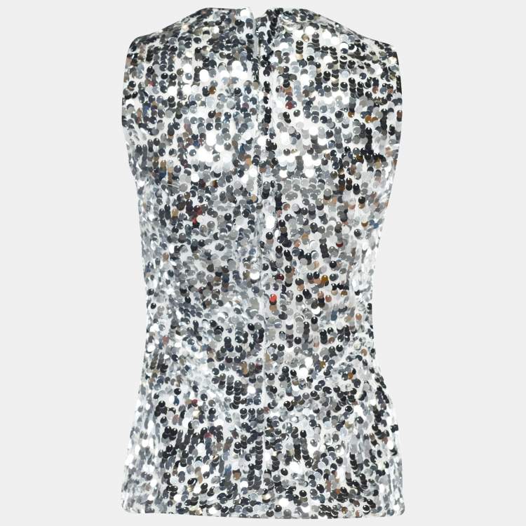 Pre Owned Dolce & Gabbana Silver Sequined Mesh Sleeveless Top  S