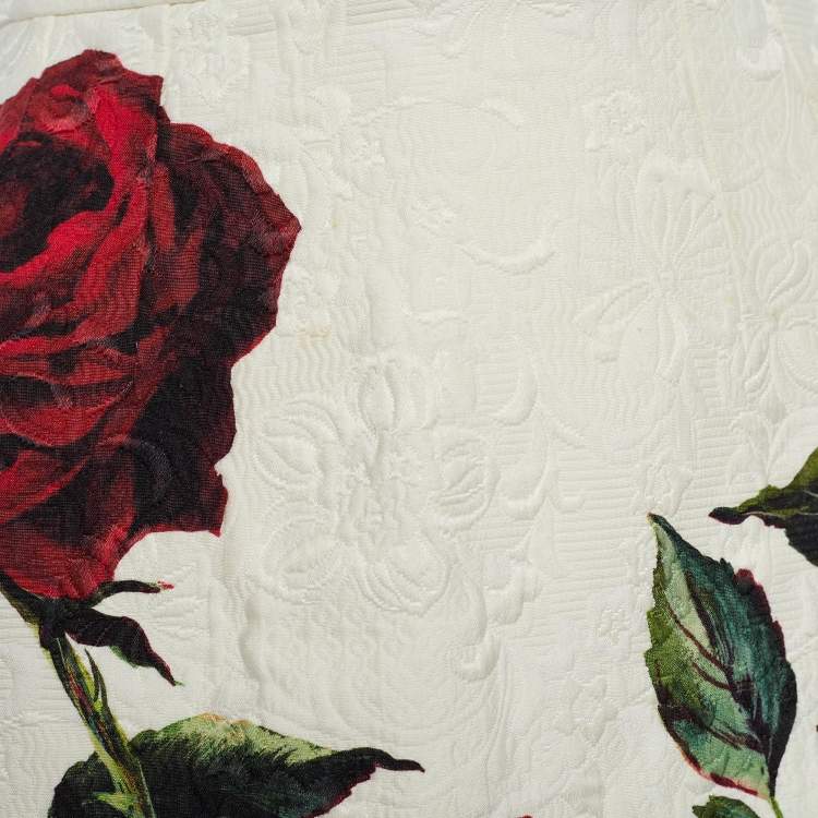Pre Owned Dolce & Gabbana White Rose Print Cotton & Silk Jacquard A-Line Skirt XS