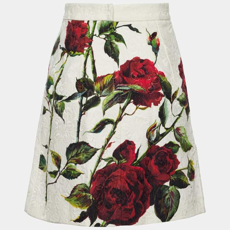 Pre Owned Dolce & Gabbana White Rose Print Cotton & Silk Jacquard A-Line Skirt XS