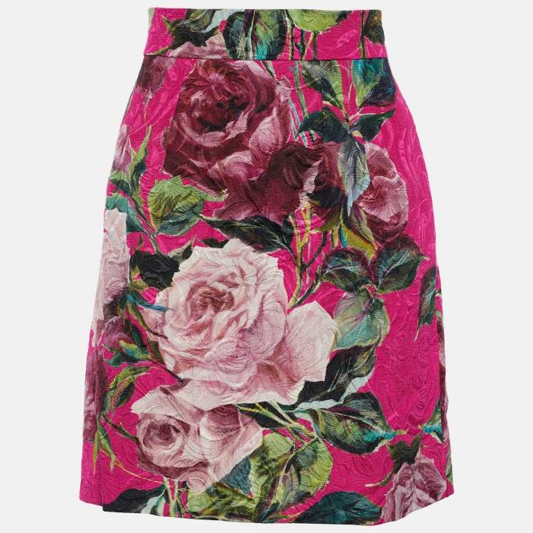 Pre Owned Dolce & Gabbana Pink Rose Print Cotton & Silk Jacquard Mini Skirt S