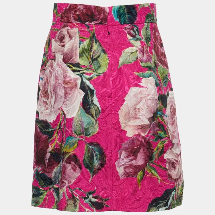 Pre Owned Dolce & Gabbana Pink Rose Print Cotton & Silk Jacquard Mini Skirt S