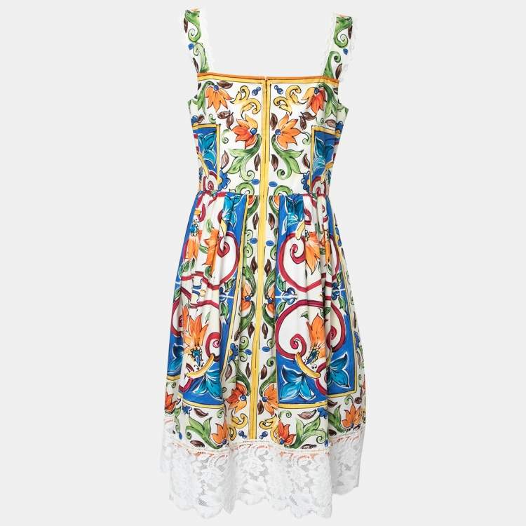 Pre Owned Dolce & Gabbana White Floral Printed Button Front Lace Trim Dress L