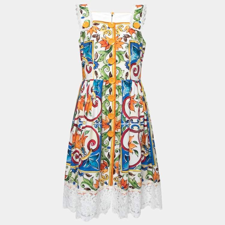 Pre Owned Dolce & Gabbana White Floral Printed Button Front Lace Trim Dress L
