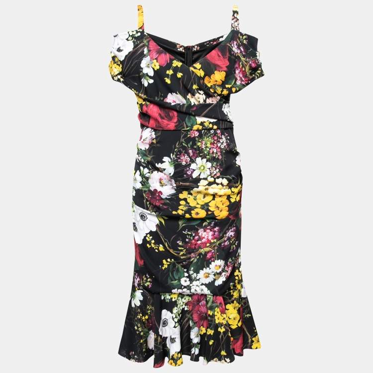 Pre Owned Dolce & Gabbana Black Floral Printed Side Ruched Dress L