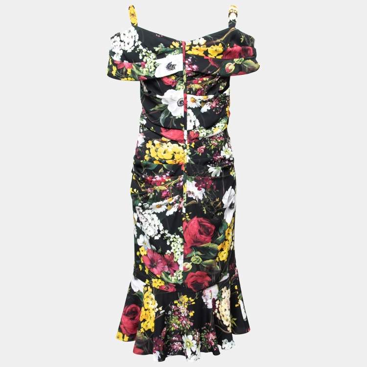 Pre Owned Dolce & Gabbana Black Floral Printed Side Ruched Dress L