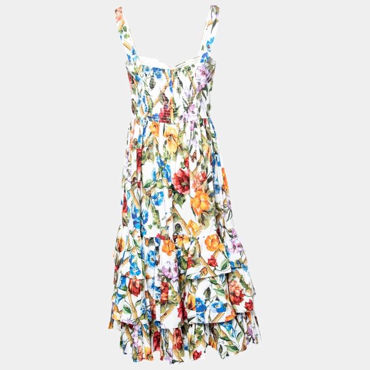 Pre Owned Dolce & Gabbana White Floral Printed Poplin Bustier Dress L