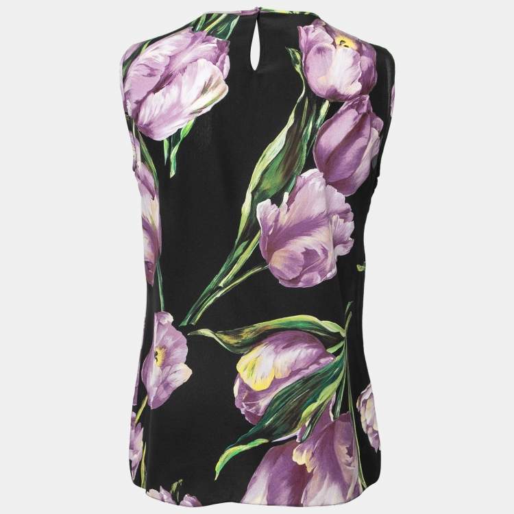 Pre Owned Dolce & Gabbana Black & Purple Tulip Printed Silk Sleeveless Top S
