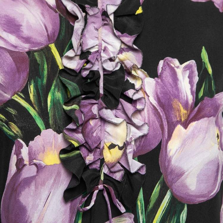 Pre Owned Dolce & Gabbana Black & Purple Tulip Printed Silk Sleeveless Top S