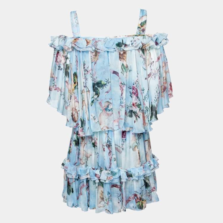 Pre Owned Dolce & Gabbana Blue Angle Printed Silk Pleated Midi Dress M