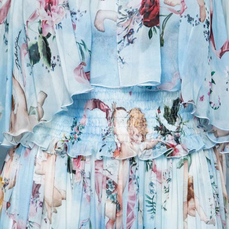 Pre Owned Dolce & Gabbana Blue Angle Printed Silk Pleated Midi Dress M