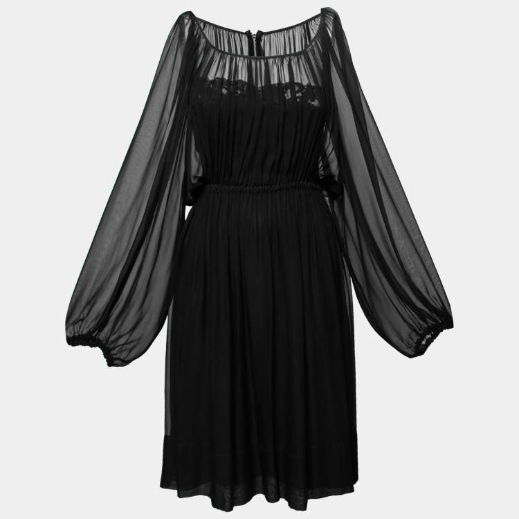 Pre Owned Dolce & Gabbana Black Sheer Silk Ruched Waist Dress M