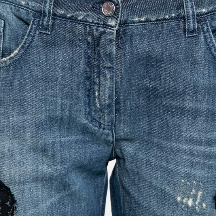 Pre Owned Dolce & Gabbana Blue Distressed Denim Lace Trimmed Jeans M