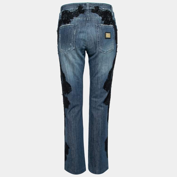 Pre Owned Dolce & Gabbana Blue Distressed Denim Lace Trimmed Jeans M