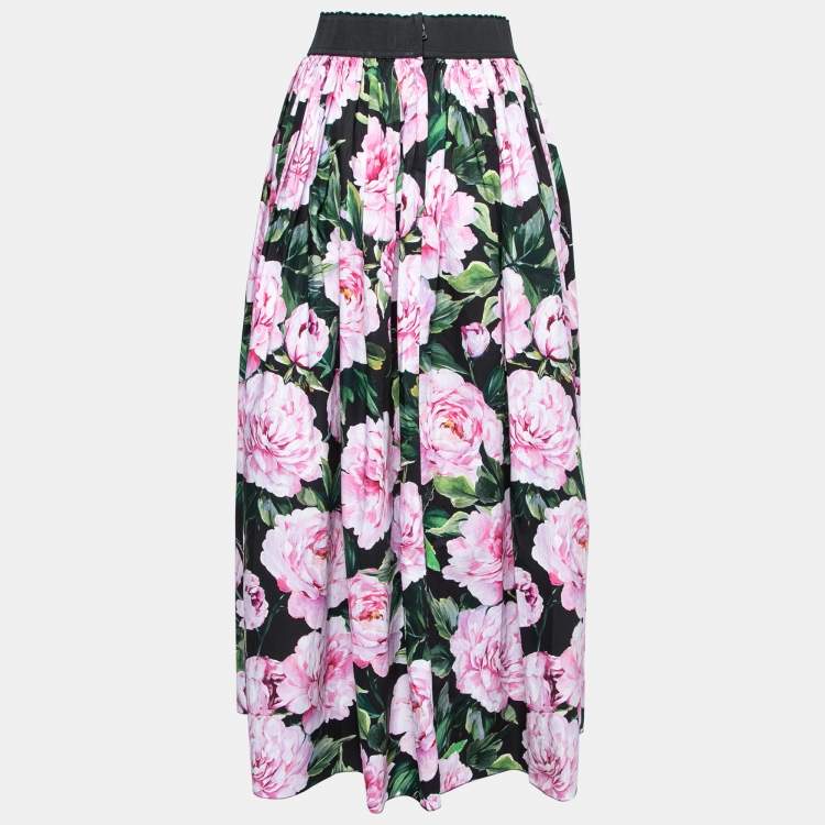 Pre Owned Dolce & Gabbana Black & Pink Floral Printed Poplin Maxi Skirt S