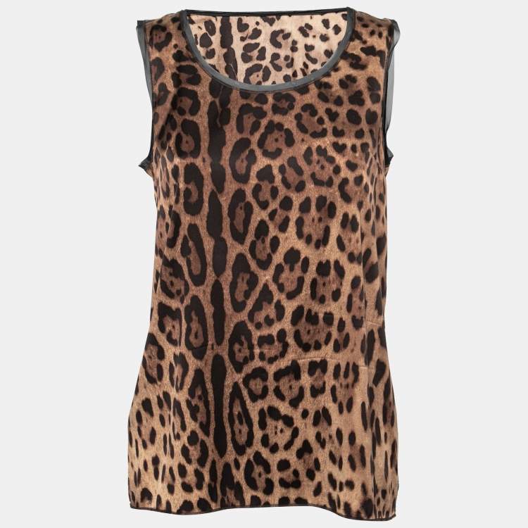 Pre Owned Dolce & Gabbana Brown Leopard Print Stretch Silk Sleeveless Top M
