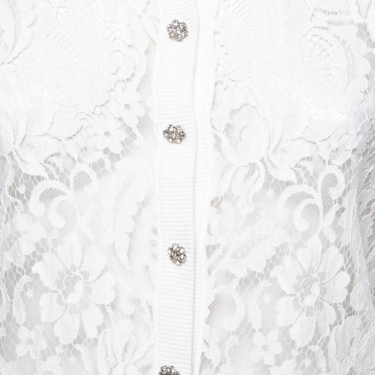 Pre Owned Dolce & Gabbana White Knit & Lace Paneled Button Front Cardigan L