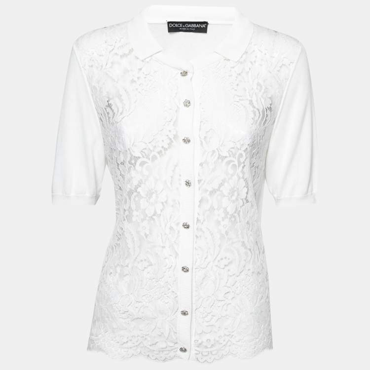 Pre Owned Dolce & Gabbana White Knit & Lace Paneled Button Front Cardigan L