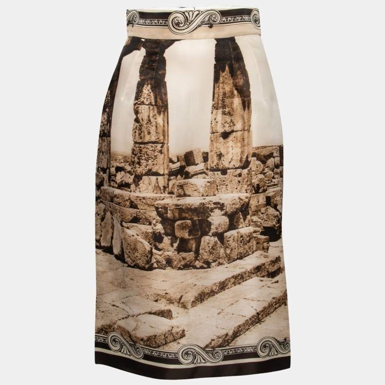 Pre Owned Dolce & Gabbana Beige Ancient Roman Print Silk Organza Midi Skirt S