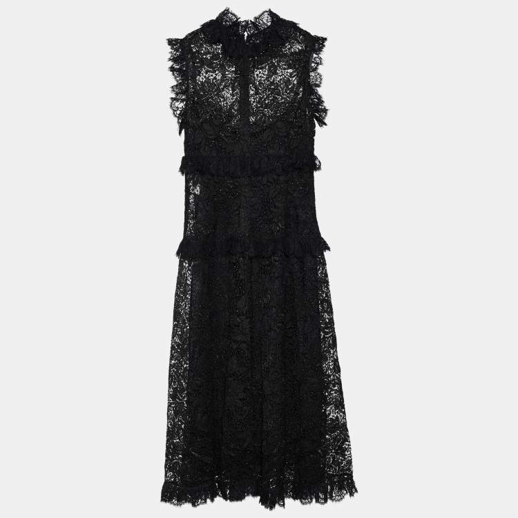 Pre Owned Dolce & Gabbana Black Lurex Lace Ruffled Midi Dress M