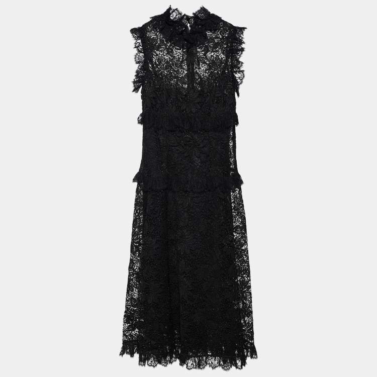 Pre Owned Dolce & Gabbana Black Lurex Lace Ruffled Midi Dress M