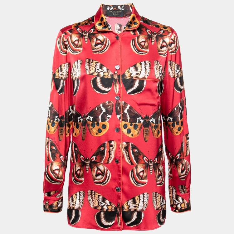 Pre Owned Dolce & Gabbana Red Butterfly Print Silk Pajama Shirt S