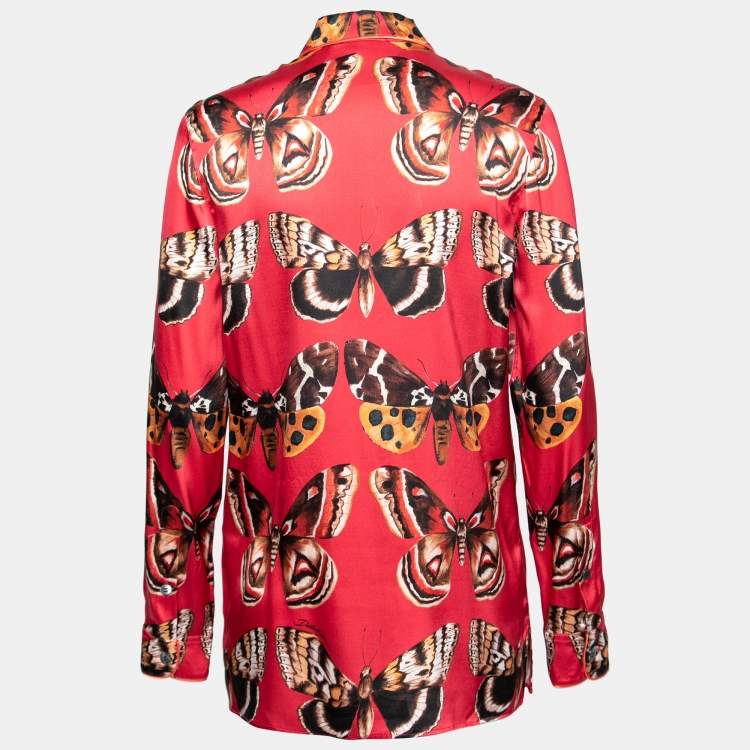 Pre Owned Dolce & Gabbana Red Butterfly Print Silk Pajama Shirt S